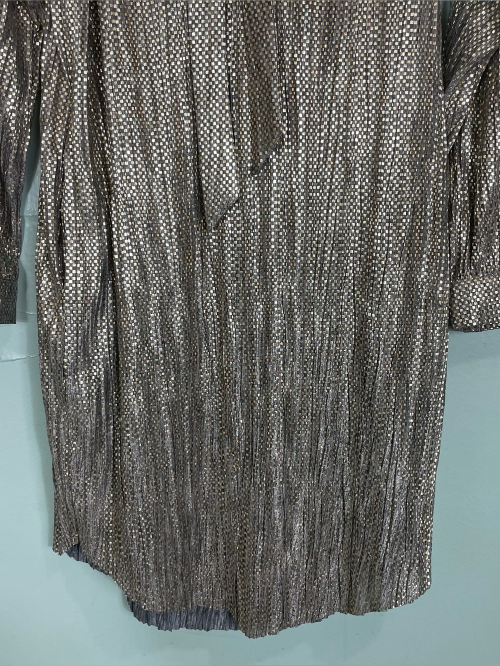 Sabina Musayev Tied Shimmer Gold Tunic Dress With Pockets Pleated Women Medium - Picture 4 of 9